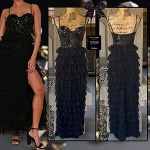 Lulus Black Sheer Mesh Sequin Bustier Iconic Radiance  Maxi Dress Size S